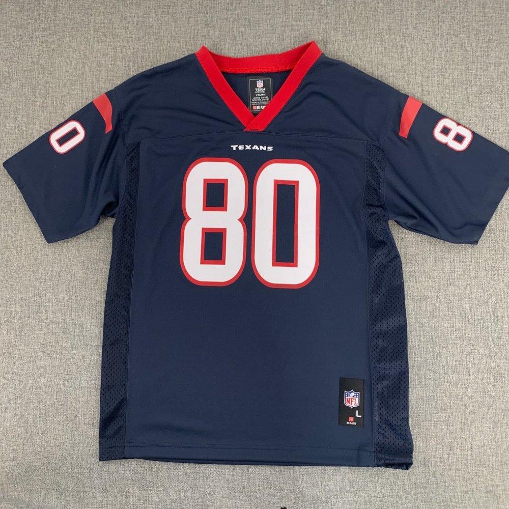 Texans Jersey 80 A.‎ Johnson Junior Large (14-16) Short Sleeve Blue Red